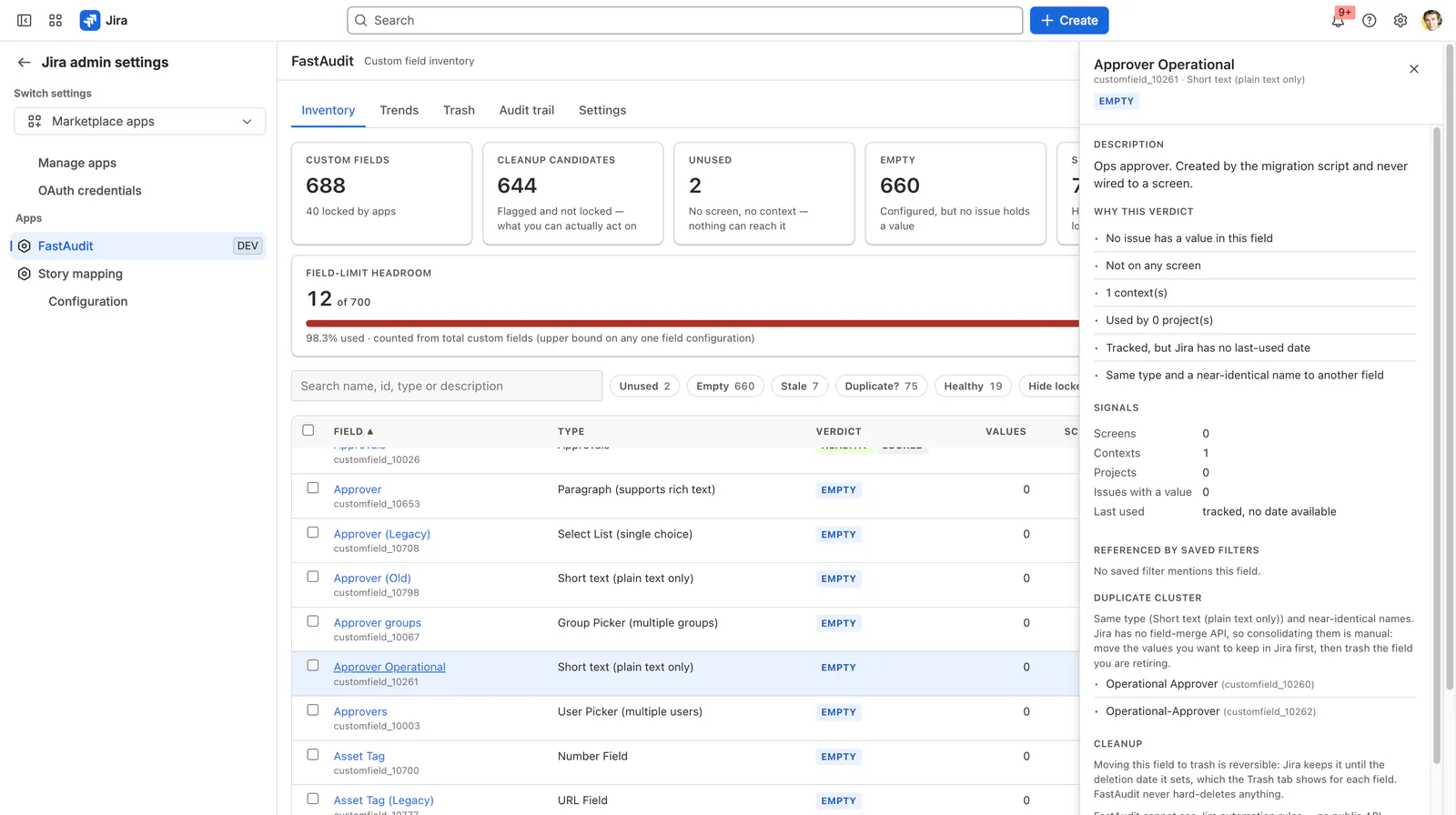 The FastAudit evidence drawer for one custom field, listing why the verdict was reached, its signal counts, referencing saved filters and its duplicate cluster