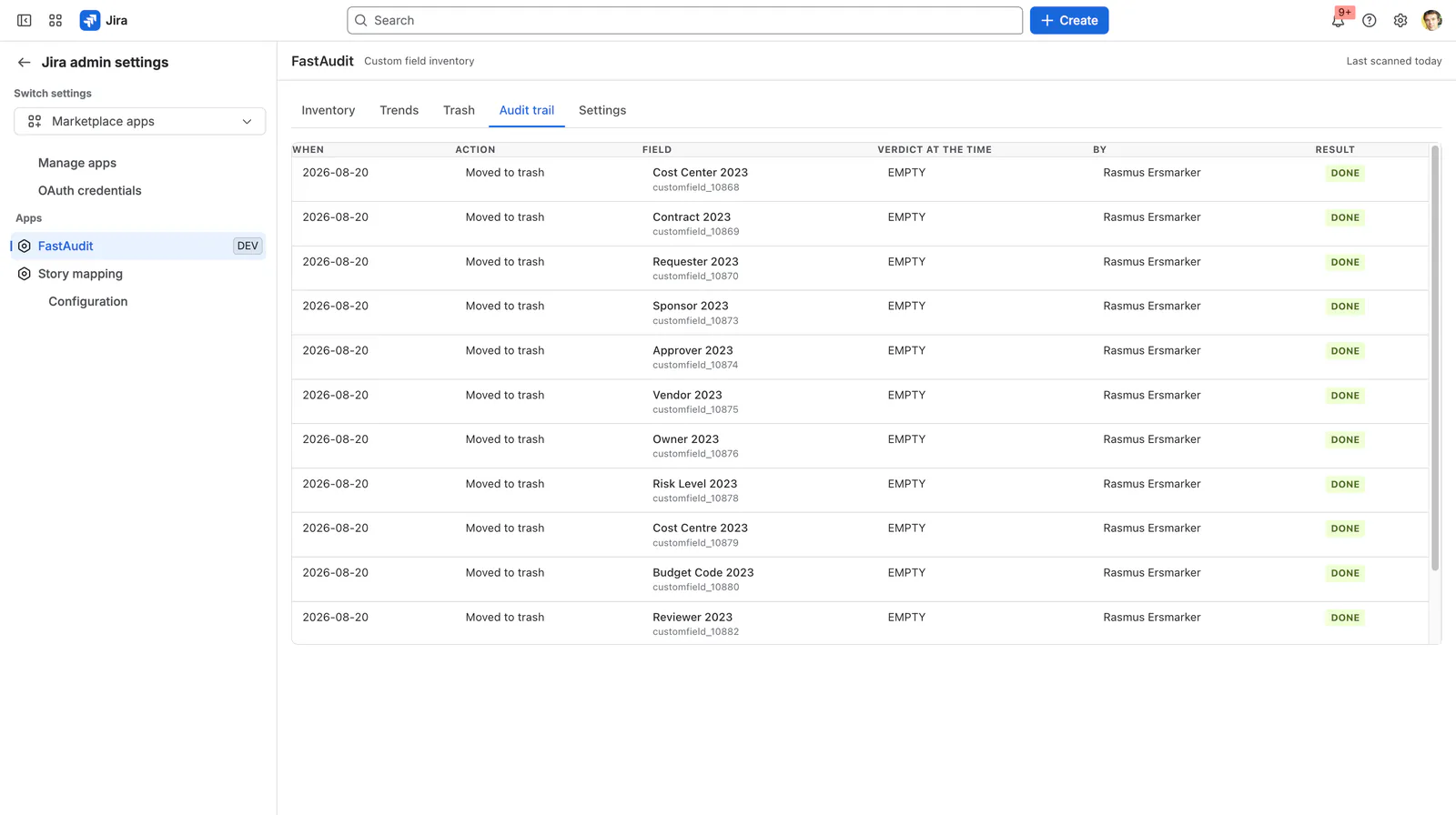 The FastAudit audit trail listing cleanup actions with the field, verdict, result and timestamp for each