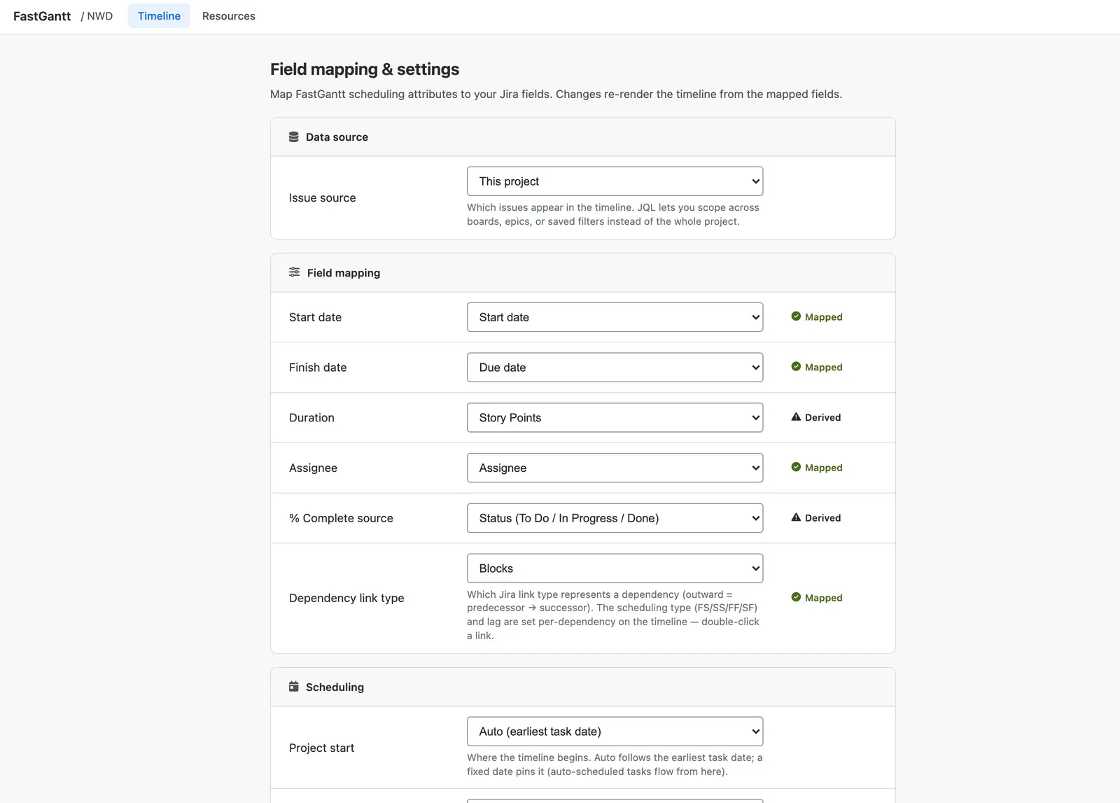 The FastGantt field mapping screen: issue source, start date, finish date, duration, assignee, percent complete source and dependency link type, each with a Mapped or Derived badge