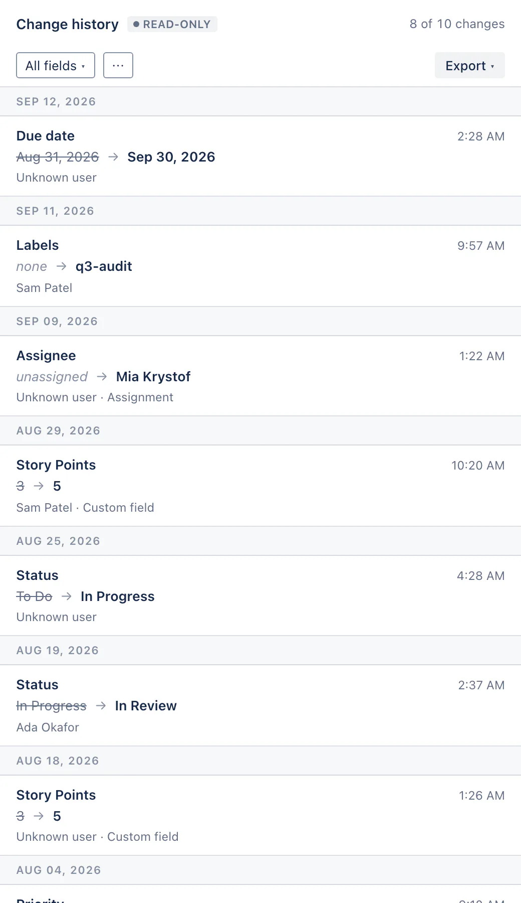 The FastHistory panel in the Jira issue view, listing that issue's changes grouped by day, each showing the field, the old and new values and who made the change